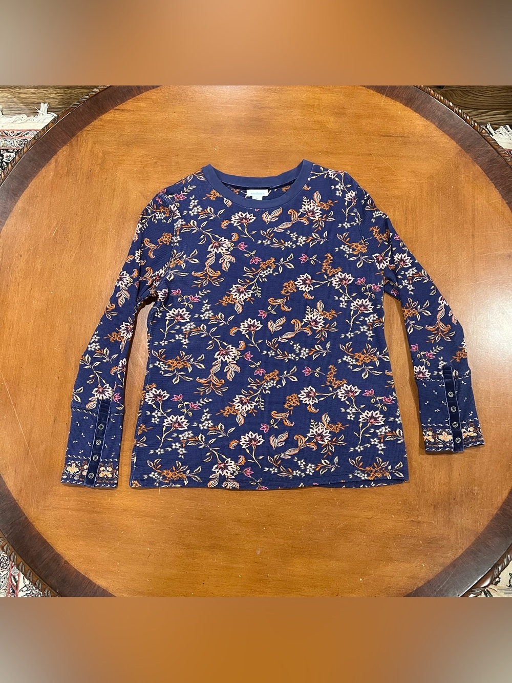 Sundance Loretta Cobalt Blue Floral Long-Sleeve Waffle Thermal XL Crewneck Boho - Picture 2 of 16